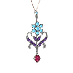 Akuamarin, ametist ve rodolit garnet 925 ayar gümüş kolye (40 cm rose altın rolo zincir)