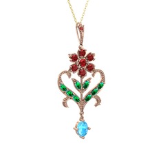 Garnet, yeşil kuvars ve akuamarin 8 ayar rose altın kolye (40 cm altın rolo zincir)