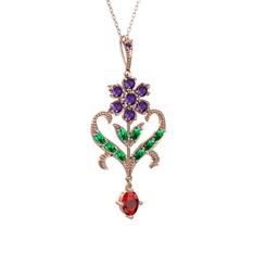 Ade Kraliyet Kolye - Ametist, yeşil kuvars ve garnet 8 ayar rose altın kolye (40 cm rose altın rolo zincir) #p4geyu