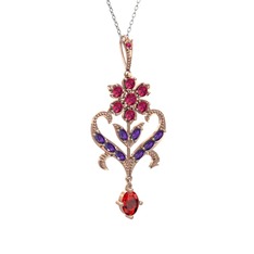 Rodolit garnet, ametist ve garnet 925 ayar rose altın kaplama gümüş kolye (40 cm beyaz altın rolo zincir)