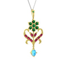 Yeşil kuvars, rodolit garnet ve akuamarin 8 ayar altın kolye (40 cm beyaz altın rolo zincir)