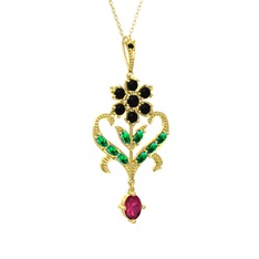 Siyah zirkon, yeşil kuvars ve rodolit garnet 8 ayar altın kolye (40 cm altın rolo zincir)