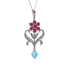 Rodolit garnet, beyaz zirkon ve akuamarin 14 ayar beyaz altın kolye (40 cm beyaz altın rolo zincir)
