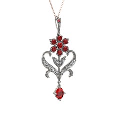 Garnet ve beyaz zirkon 8 ayar beyaz altın kolye (40 cm rose altın rolo zincir)