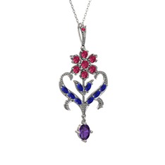 Rodolit garnet, lab safir ve ametist 8 ayar beyaz altın kolye (40 cm beyaz altın rolo zincir)