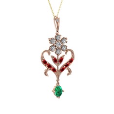 Ade Kraliyet Kolye - Beyaz zirkon, garnet ve yeşil kuvars 8 ayar rose altın kolye (40 cm altın rolo zincir) #q9zpmd