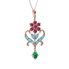 Rodolit garnet, akuamarin ve yeşil kuvars 8 ayar rose altın kolye (40 cm beyaz altın rolo zincir)