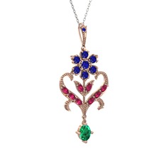 Lab safir, rodolit garnet ve yeşil kuvars 925 ayar rose altın kaplama gümüş kolye (40 cm gümüş rolo zincir)