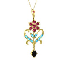 Ade Kraliyet Kolye - Rodolit garnet, akuamarin ve siyah zirkon 925 ayar altın kaplama gümüş kolye (40 cm altın rolo zincir) #r9qg0s