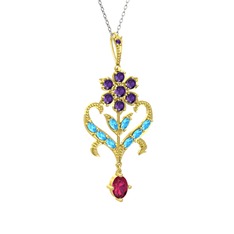 Ametist, akuamarin ve rodolit garnet 14 ayar altın kolye (40 cm beyaz altın rolo zincir)