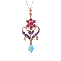 Rodolit garnet, ametist ve akuamarin 14 ayar rose altın kolye (40 cm gümüş rolo zincir)