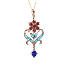 Garnet, akuamarin ve lab safir 925 ayar rose altın kaplama gümüş kolye (40 cm altın rolo zincir)