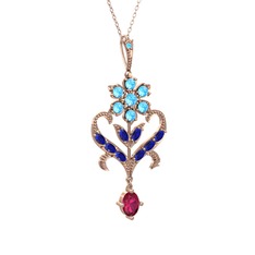 Akuamarin, lab safir ve rodolit garnet 14 ayar rose altın kolye (40 cm rose altın rolo zincir)