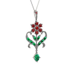 Garnet ve yeşil kuvars 14 ayar beyaz altın kolye (40 cm gümüş rolo zincir)