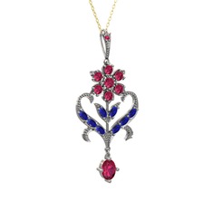 Rodolit garnet ve lab safir 14 ayar beyaz altın kolye (40 cm altın rolo zincir)