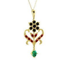 Siyah zirkon, garnet ve yeşil kuvars 8 ayar altın kolye (40 cm altın rolo zincir)