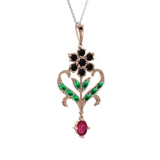Ade Kraliyet Kolye - Siyah zirkon, yeşil kuvars ve rodolit garnet 925 ayar rose altın kaplama gümüş kolye (40 cm gümüş rolo zincir) #t2p6i0