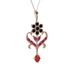 Ade Kraliyet Kolye - Siyah zirkon, rodolit garnet ve garnet 925 ayar rose altın kaplama gümüş kolye (40 cm beyaz altın rolo zincir) #t994jo