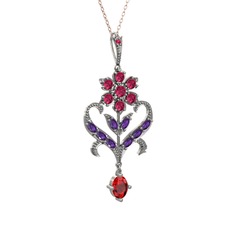 Rodolit garnet, ametist ve garnet 925 ayar gümüş kolye (40 cm gümüş rolo zincir)