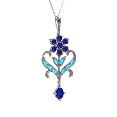 Lab safir ve akuamarin 925 ayar gümüş kolye (40 cm rose altın rolo zincir)