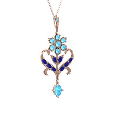 Akuamarin ve lab safir 14 ayar rose altın kolye (40 cm gümüş rolo zincir)