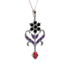 Siyah zirkon, ametist ve garnet 925 ayar gümüş kolye (40 cm gümüş rolo zincir)