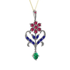 Rodolit garnet, lab safir ve yeşil kuvars 925 ayar gümüş kolye (40 cm altın rolo zincir)