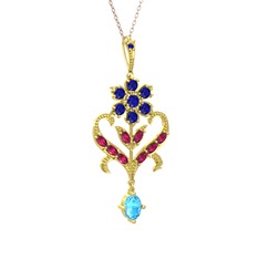 Lab safir, rodolit garnet ve akuamarin 925 ayar altın kaplama gümüş kolye (40 cm gümüş rolo zincir)