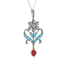 Ade Kraliyet Kolye - Beyaz zirkon, akuamarin ve garnet 14 ayar beyaz altın kolye (40 cm rose altın rolo zincir) #u6e032