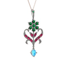 Yeşil kuvars, rodolit garnet ve akuamarin 14 ayar beyaz altın kolye (40 cm rose altın rolo zincir)