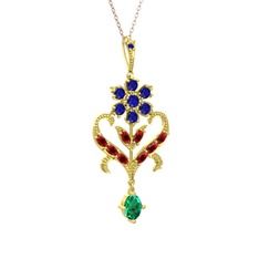Lab safir, garnet ve yeşil kuvars 14 ayar altın kolye (40 cm rose altın rolo zincir)