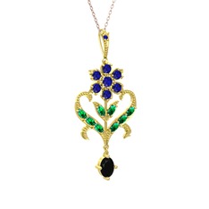 Lab safir, yeşil kuvars ve siyah zirkon 14 ayar altın kolye (40 cm rose altın rolo zincir)