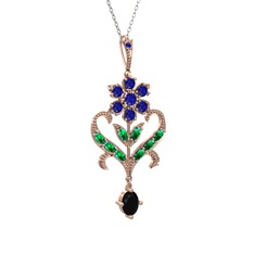 Lab safir, yeşil kuvars ve siyah zirkon 925 ayar rose altın kaplama gümüş kolye (40 cm beyaz altın rolo zincir)