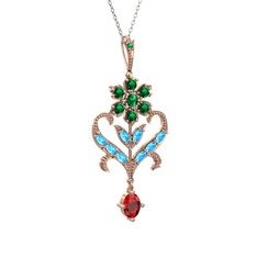 Yeşil kuvars, akuamarin ve garnet 925 ayar rose altın kaplama gümüş kolye (40 cm beyaz altın rolo zincir)