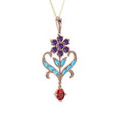 Ametist, akuamarin ve garnet 925 ayar rose altın kaplama gümüş kolye (40 cm altın rolo zincir)