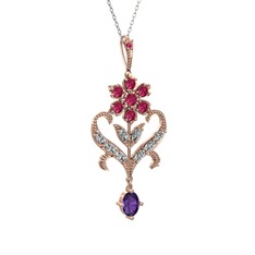 Rodolit garnet, beyaz zirkon ve ametist 925 ayar rose altın kaplama gümüş kolye (40 cm beyaz altın rolo zincir)