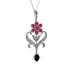 Ade Kraliyet Kolye - Rodolit garnet, beyaz zirkon ve siyah zirkon 8 ayar beyaz altın kolye (40 cm beyaz altın rolo zincir) #x29zj2