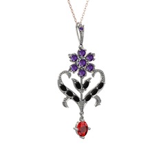 Ametist, siyah zirkon ve garnet 8 ayar beyaz altın kolye (40 cm gümüş rolo zincir)