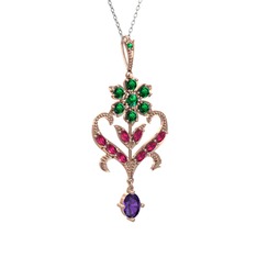 Ade Kraliyet Kolye - Yeşil kuvars, rodolit garnet ve ametist 14 ayar rose altın kolye (40 cm beyaz altın rolo zincir) #ximgyh
