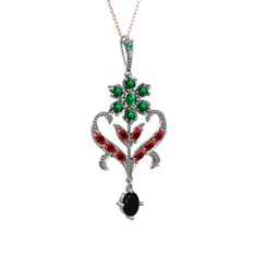Yeşil kuvars, garnet ve siyah zirkon 14 ayar beyaz altın kolye (40 cm rose altın rolo zincir)