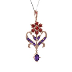 Garnet ve ametist 925 ayar rose altın kaplama gümüş kolye (40 cm beyaz altın rolo zincir)