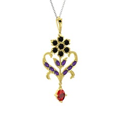 Ade Kraliyet Kolye - Siyah zirkon, ametist ve garnet 14 ayar altın kolye (40 cm gümüş rolo zincir) #xz8qel