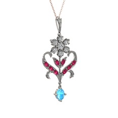 Beyaz zirkon, rodolit garnet ve akuamarin 14 ayar beyaz altın kolye (40 cm rose altın rolo zincir)