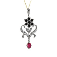 Siyah zirkon, beyaz zirkon ve rodolit garnet 8 ayar beyaz altın kolye (40 cm altın rolo zincir)