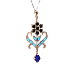 Siyah zirkon, akuamarin ve lab safir 14 ayar rose altın kolye (40 cm beyaz altın rolo zincir)