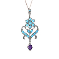 Ade Kraliyet Kolye - Akuamarin ve ametist 8 ayar beyaz altın kolye (40 cm rose altın rolo zincir) #yhozy6