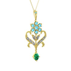 Ade Kraliyet Kolye - Akuamarin, beyaz zirkon ve yeşil kuvars 8 ayar altın kolye (40 cm altın rolo zincir) #ykmy3m