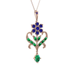 Lab safir ve yeşil kuvars 8 ayar rose altın kolye (40 cm gümüş rolo zincir)