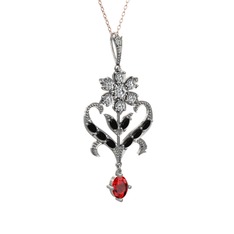 Beyaz zirkon, siyah zirkon ve garnet 14 ayar beyaz altın kolye (40 cm rose altın rolo zincir)