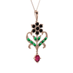 Siyah zirkon, yeşil kuvars ve rodolit garnet 8 ayar rose altın kolye (40 cm rose altın rolo zincir)